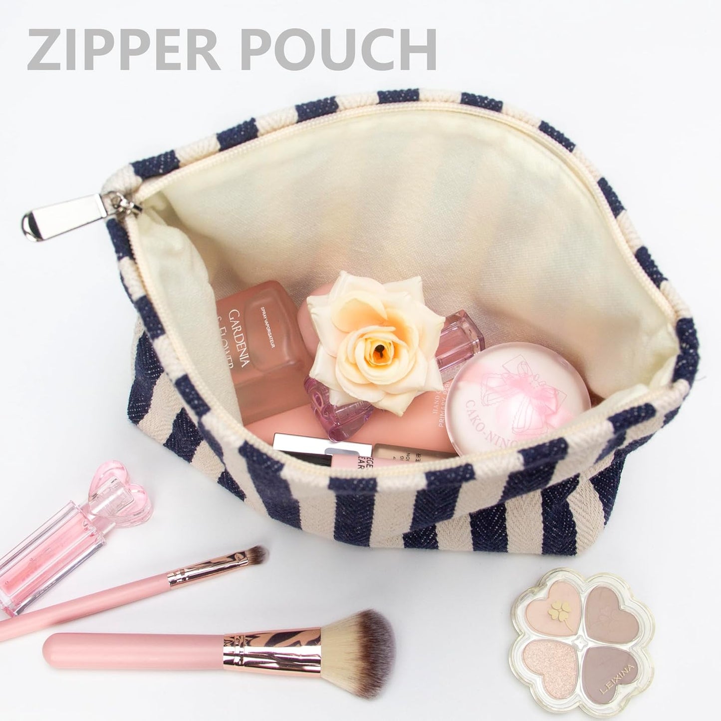 PAZIMIIK Makeup Bag Large Cotton Zipper Pouch for Purse Travel Canvas Make Up Organizer for Women Cosmetic,Stripe Navy Blue