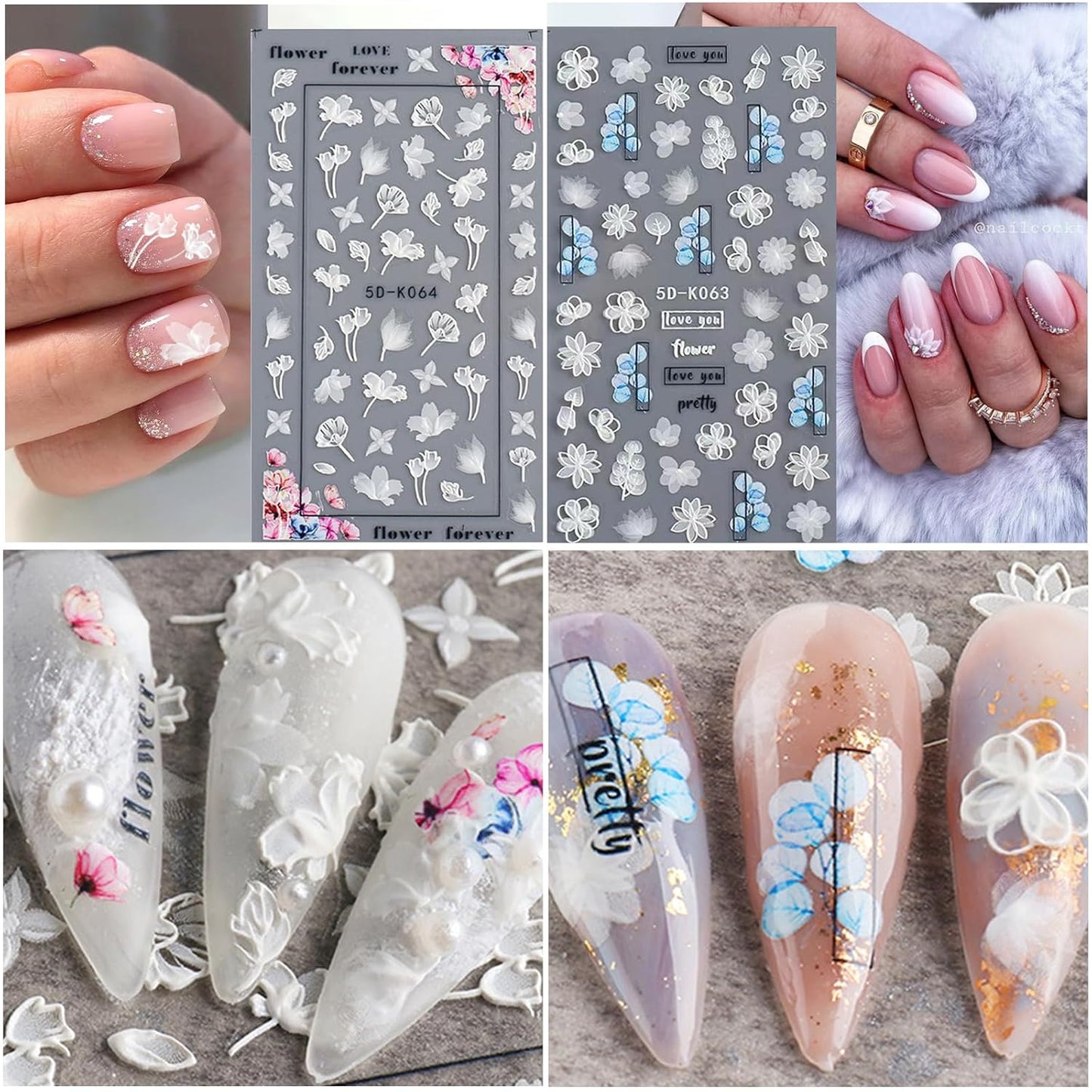 6 Sheets White Flower Nail Art Stickers Decals 5D Embossed Nail Decals Spring Winter Nails Art Self-Adhesive Supplies Accessories 3D Flower Stickers for Women Nails Design Decoration
