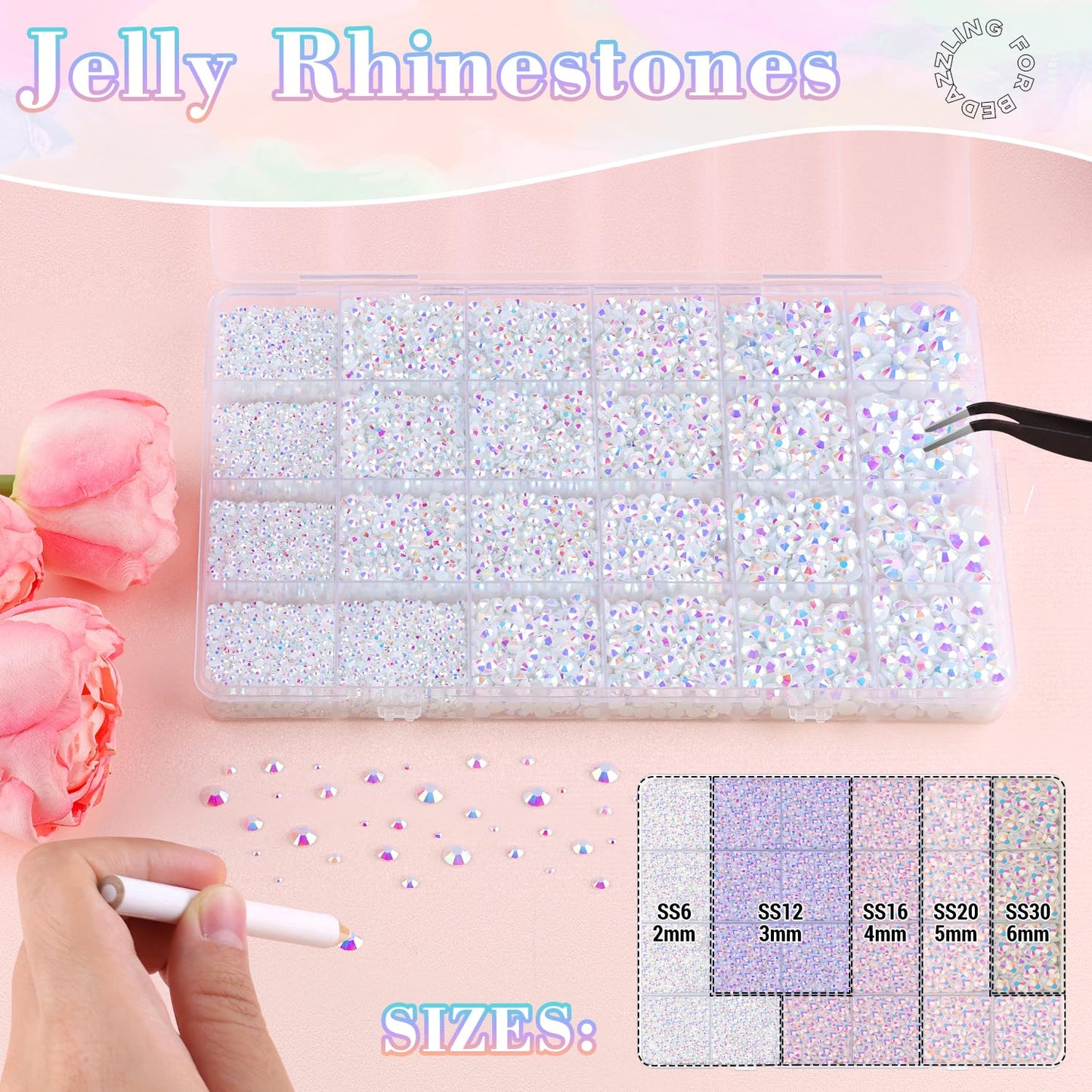 25000Pcs Resin Jelly Rhinestones with Tweezers for Crafting, 2-6mm Mixed Sizes (White AB) Non Hotfix Flatback Gems, Bedazzling Crystal for DIY Crafts Clothing Tumblers Mugs Shoes Decor Nail Art