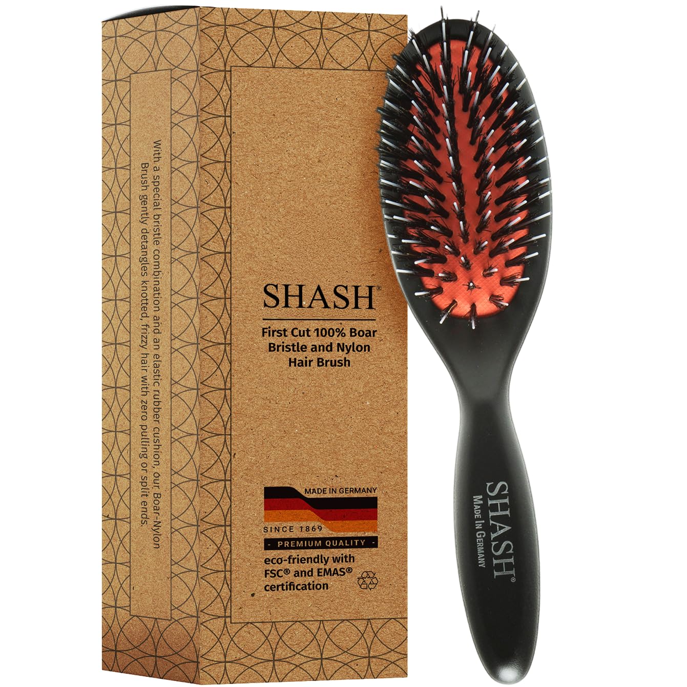 SHASH Since 1869 Hand Made In Germany - Nylon Boar Bristle Brush Suitable For Normal to Thick Hair Gently Detangles, No Pulling or Split Ends - Softens Improves Hair Texture, Stimulates (Extra Small)