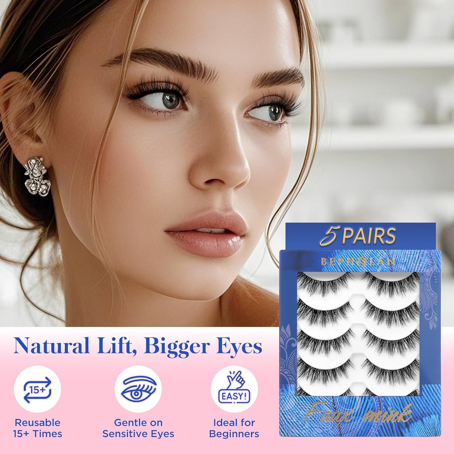 Bepholan Fales Eyelashes 7-14mm Natural Look 3D Volume Eyelashes Pack 5 Pair Soft Thin Black Band Fluffy Fake Lashes Easy to Apply(C0217)