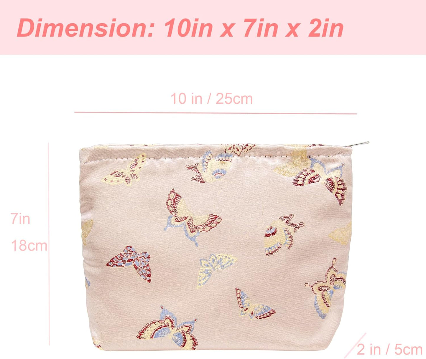 Makeup Bag Large Cotton Zipper Pouch for Purse Travel Canvas Make Up Organizer for Women Cosmetic,Butterfly Pink