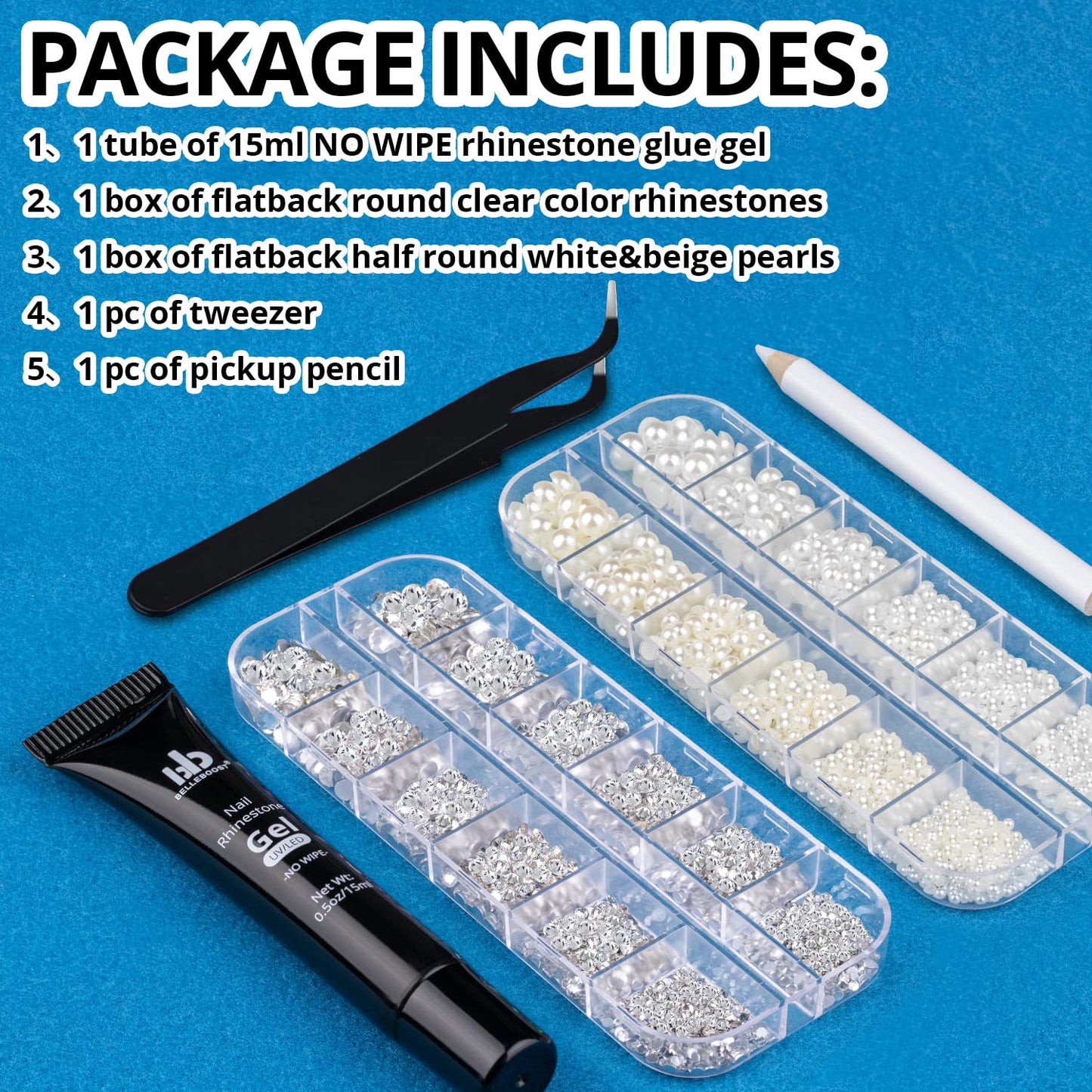 Nail Art Rhinestone Glue Gel&2 Boxes Flatback Gems Kit, 1 Tube of 15ml Rhinestone Gel Glue(UV/LED Needed)+Round Clear Gems+Flat-Back Half Round White&Beige Pearls with Pickup Tools