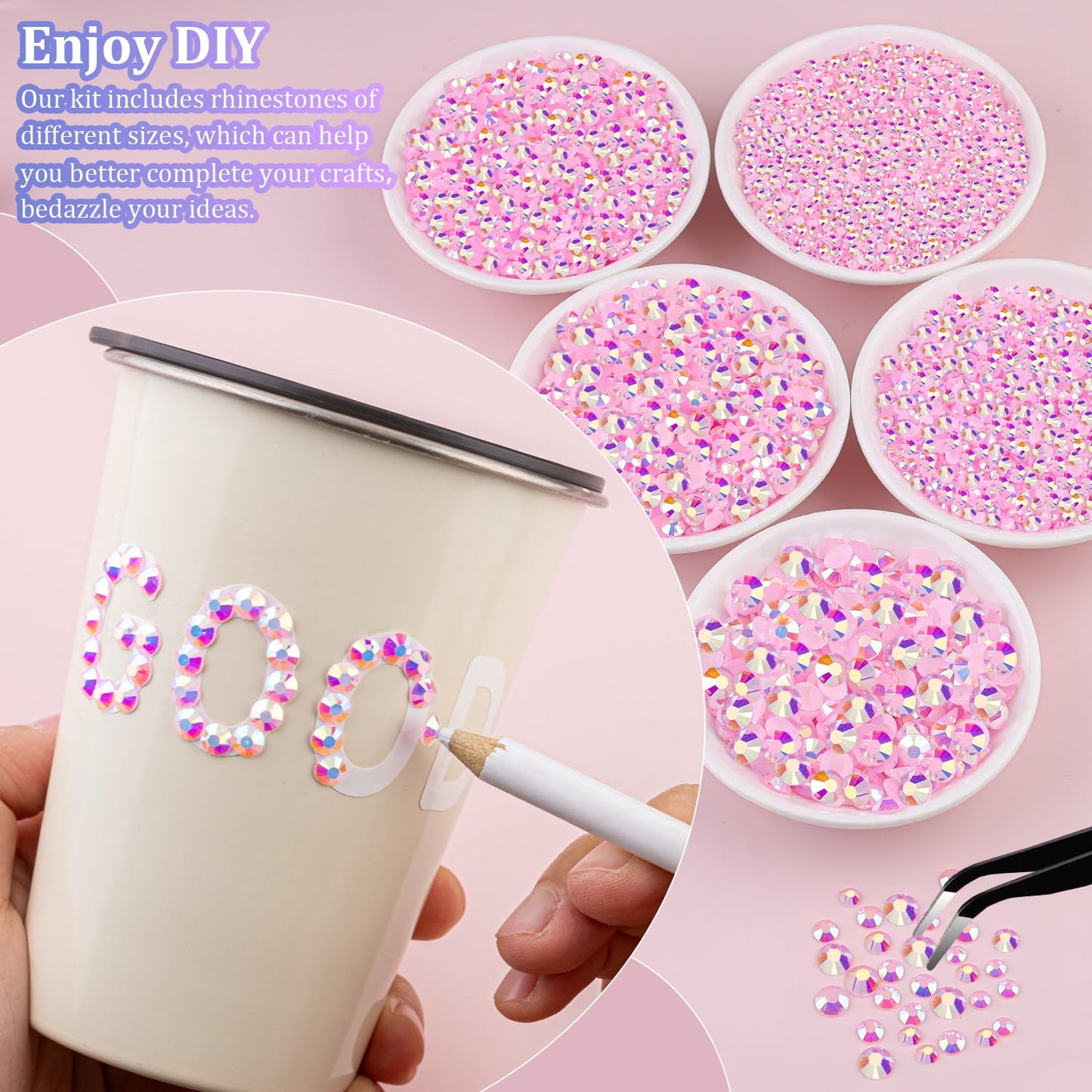 30000Pcs Resin Rhinestones for Bedazzling with Tweezers, Light Pink AB Rhinestones for Crafting with B7000 Jewelry Glue for DIY Crafts Clothing Tumblers Shoes Fabric Nail Art