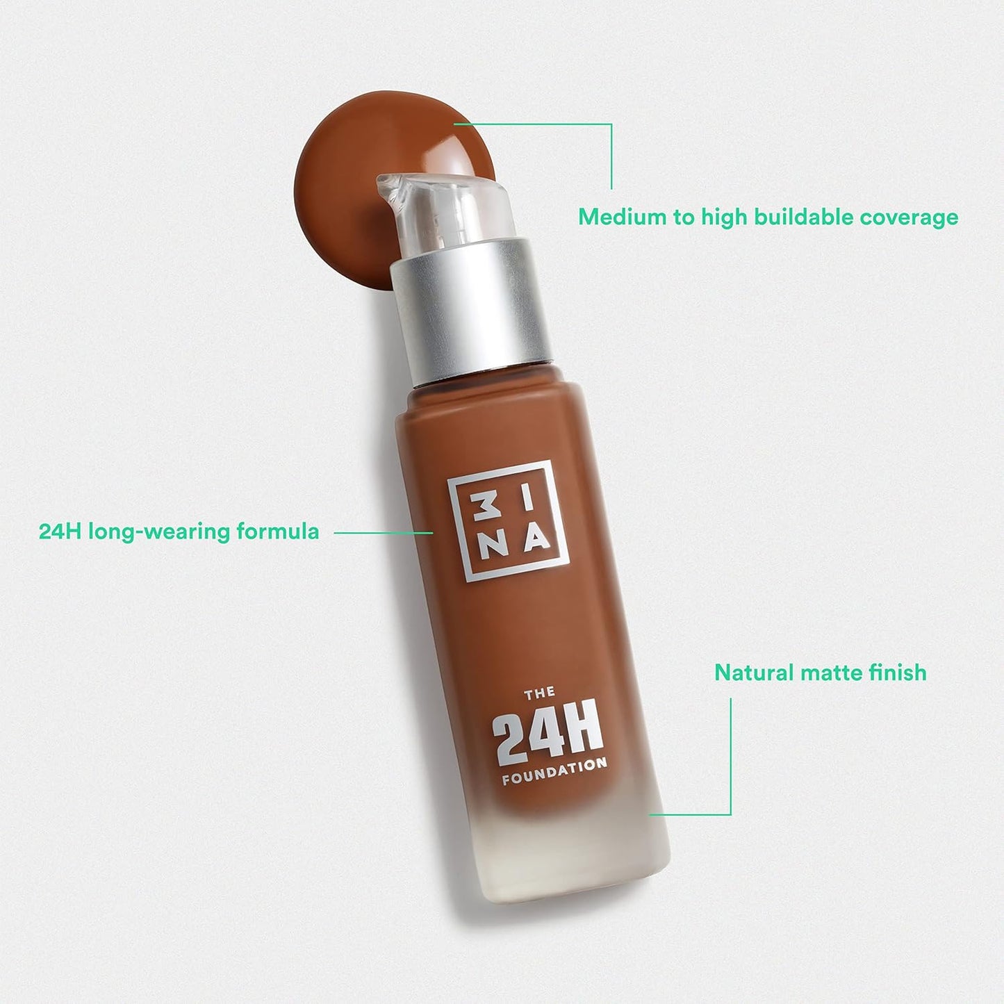3INA The 24H Foundation 651-24H Long-Wearing Formula - Medium To High Buildable Coverage - Smooth Matte Finish - Expanded Shade Selection - Waterproof, Cruelty Free, Vegan Makeup - 1.01 Oz