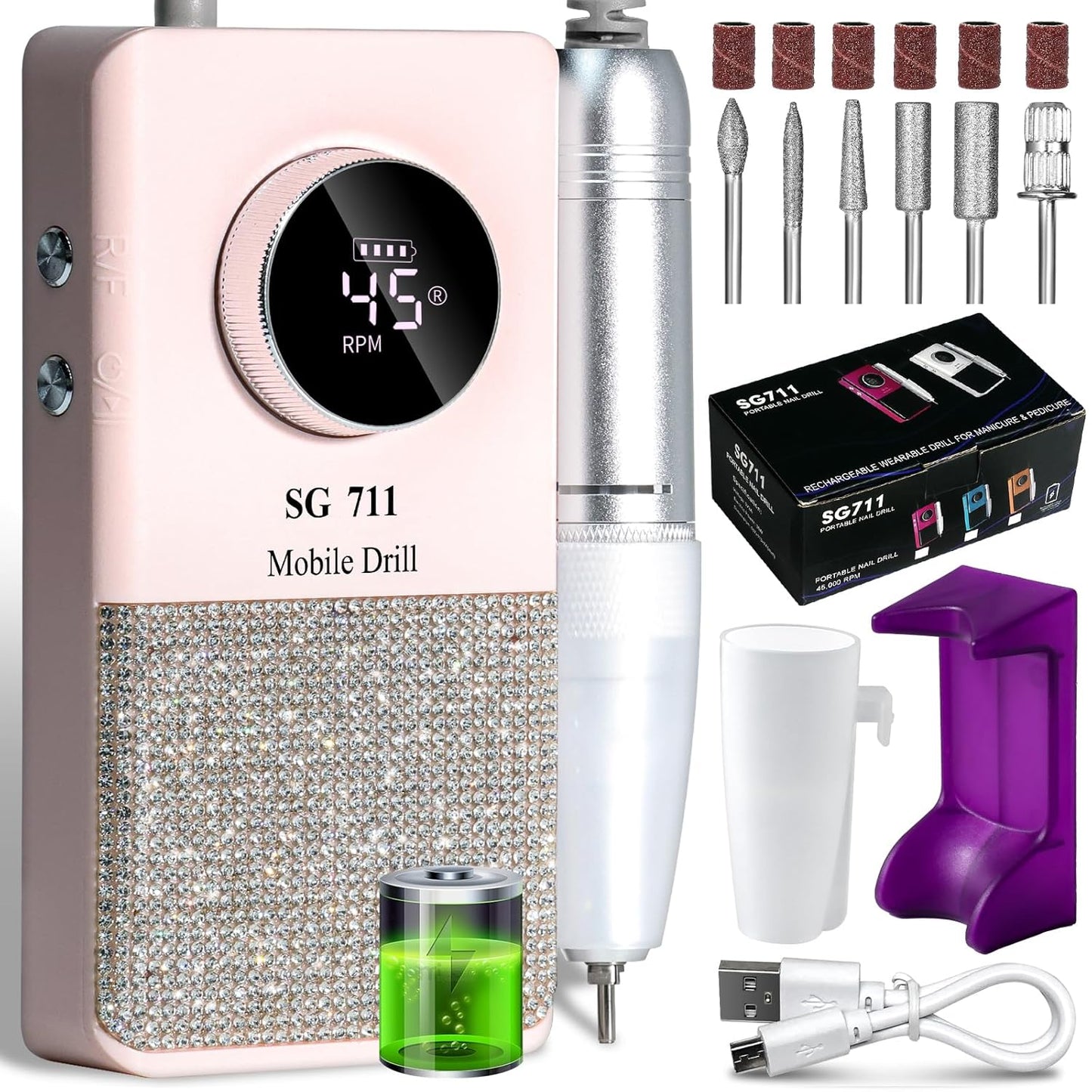 Professional Electric Cordless Nail Drill File:Glitter Portable Cordless E-File Nail Drill Kit with13 Drill Bits 45000RPM Rechargeable Nail Drills Machine for Acrylic Nails Gel Polishing (Pink)