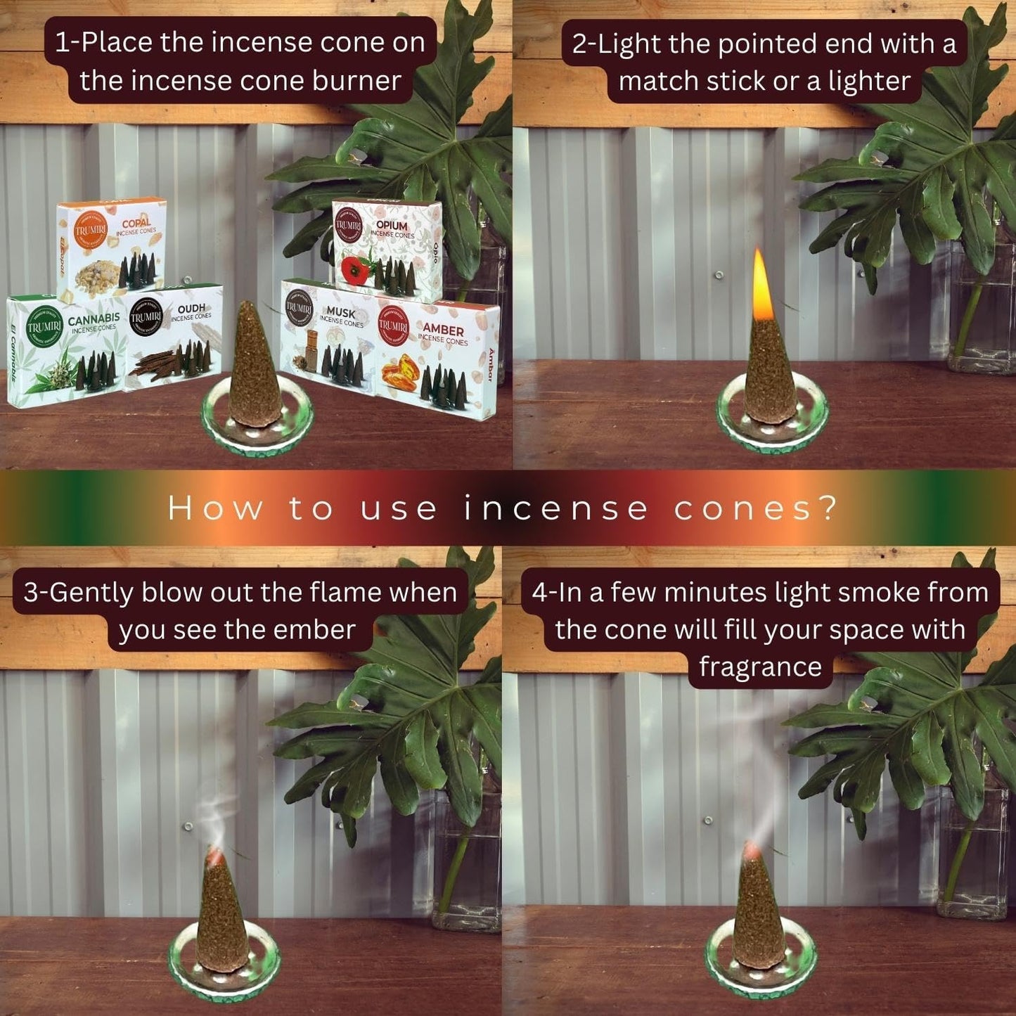 TRUMIRI Exotic Incense Cones - Variety Pack - Total 60 Cone Incense (6 Scents x 10 Conos) - Copal, Oud, Musk, Amber - Cone Incense Scents - Insense Cones - Incent Cone