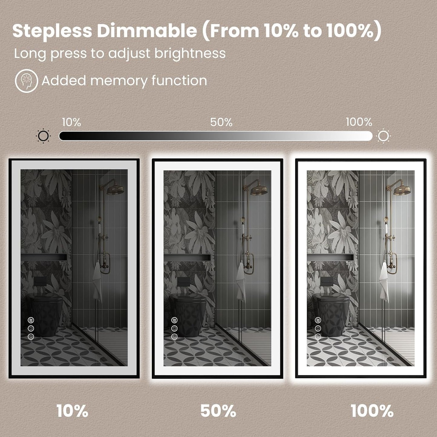 Amorho 72"x 32" LED Bathroom Mirror with Black Frame, Front Light and Backlit(Controlled Separately), Stepless Dimmable, Anti-Fog, Shatter-Proof, 3 Colors, Memory