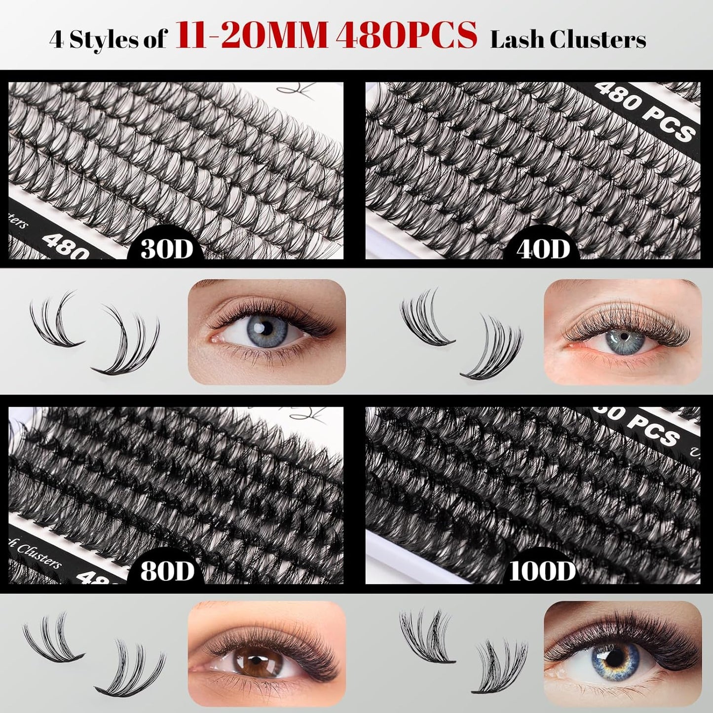 Lash Clusters 480 Clusters 60D 80D Thick Eyelash Extension 30D 40D Individual Eyelashes D Curl 11-20mm False Eyelash Multi-Style DIY Lash Extensions for Beginners(30D-80D-D, 11-20MIX)