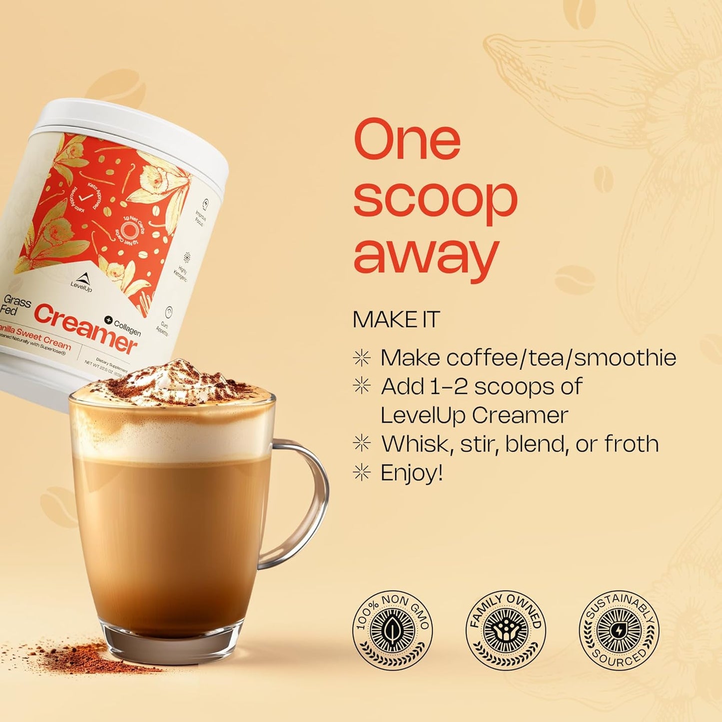 LevelUp Creamer, with Energizing MCT Oil and Collagen Peptides, Keto Coffee Creamer, Supports Natural Energy & Ketone Production - Original (Unsweetened) 7 oz