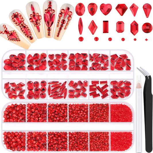 2680Pcs Red Glass Nail Rhinestones 120Pcs Multi Shapes Flatback Nail Gems + 2560Pcs 1.5-4mm Round Crystal, Manicure Nail Charms Diamond Gemstones for Acrylic Nails Decoration