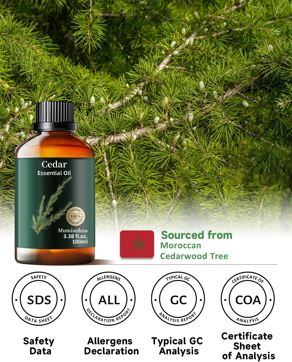 Cedarwood Essential Oil Pure, Mumianhua Natural Cedarwood Oil for Hair, Skin, Diffuser, Aromatherapy, Hair, Aromatherapy, Soap Making, 3.38 Fl Oz