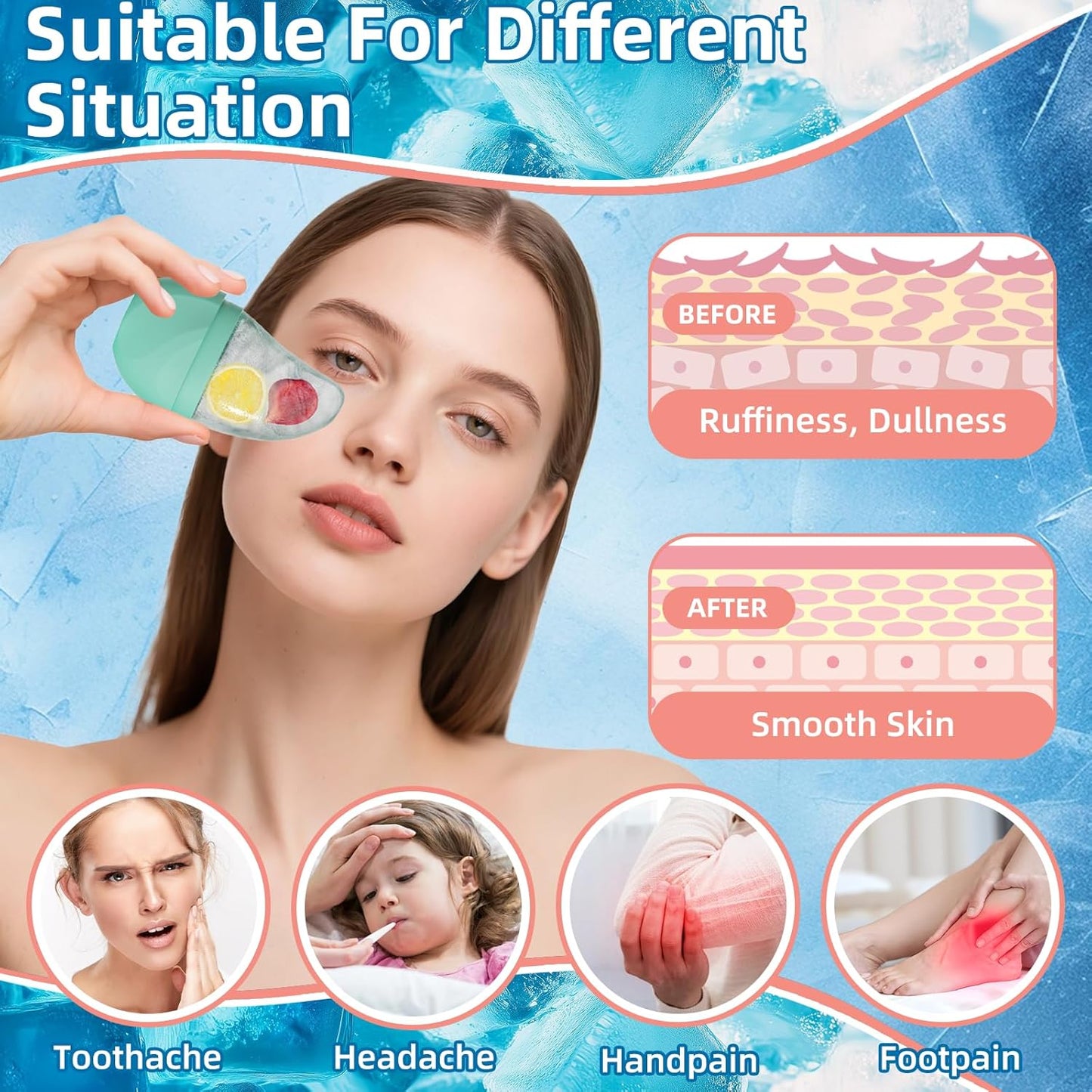 Silicone Facial Ice Cube Roller Massager, Facial Beauty Care Tool, Reusable Face Ice Mold - Brighten Skin, Reduce Puffiness for Face & Eyes (Cyan)