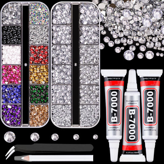 Resin Rhinestones for Crafting with B7000 Jewelry Glue, 2 Boxes Clear+Mix Colors Flatback Crystals with 3Pcs 10ml Glue for Bedazzling Crafts DIY Nail Art Makeup, Gems for Clothing Shoes