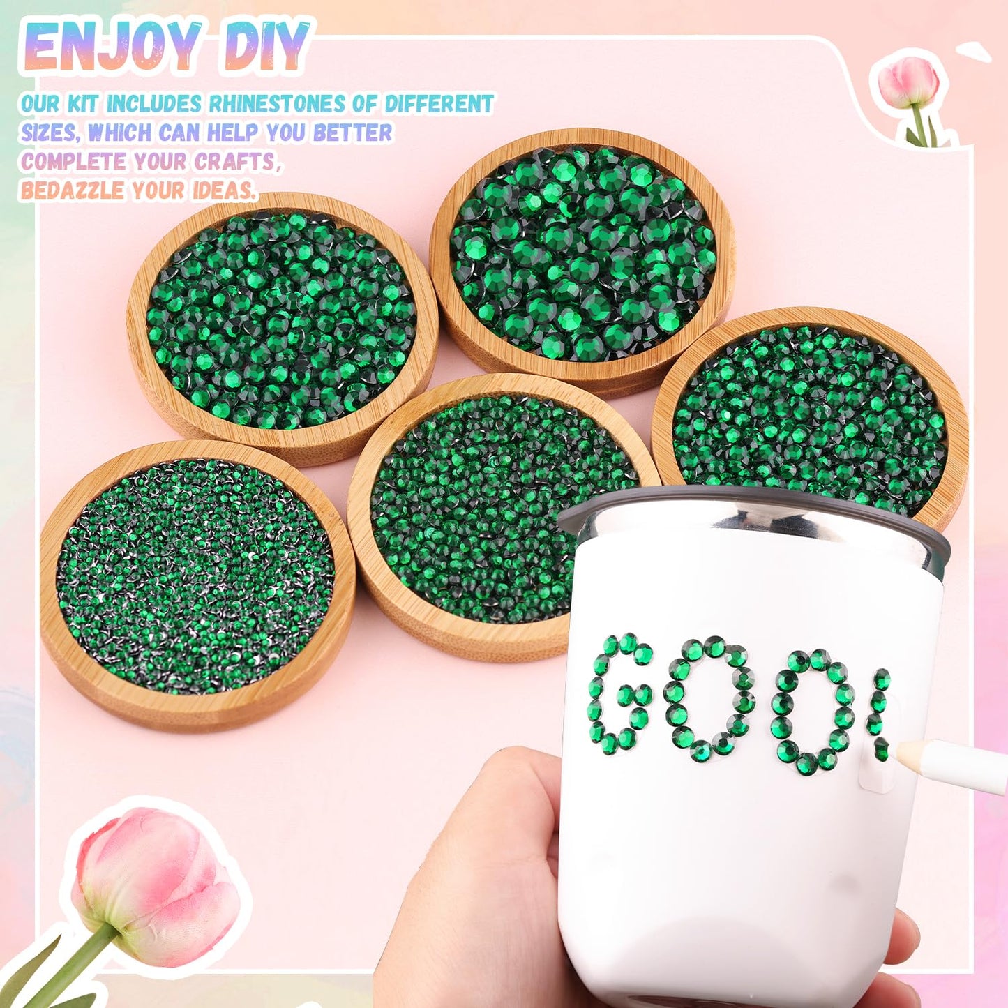 25000Pcs Resin Jelly Rhinestones with Tweezers for Crafting, 2-6mm Mixed Sizes (Dark Green) Non Hotfix Flatback Gems, Bedazzling Crystal for DIY Crafts Clothing Tumblers Mugs Shoes Decor Nail Art