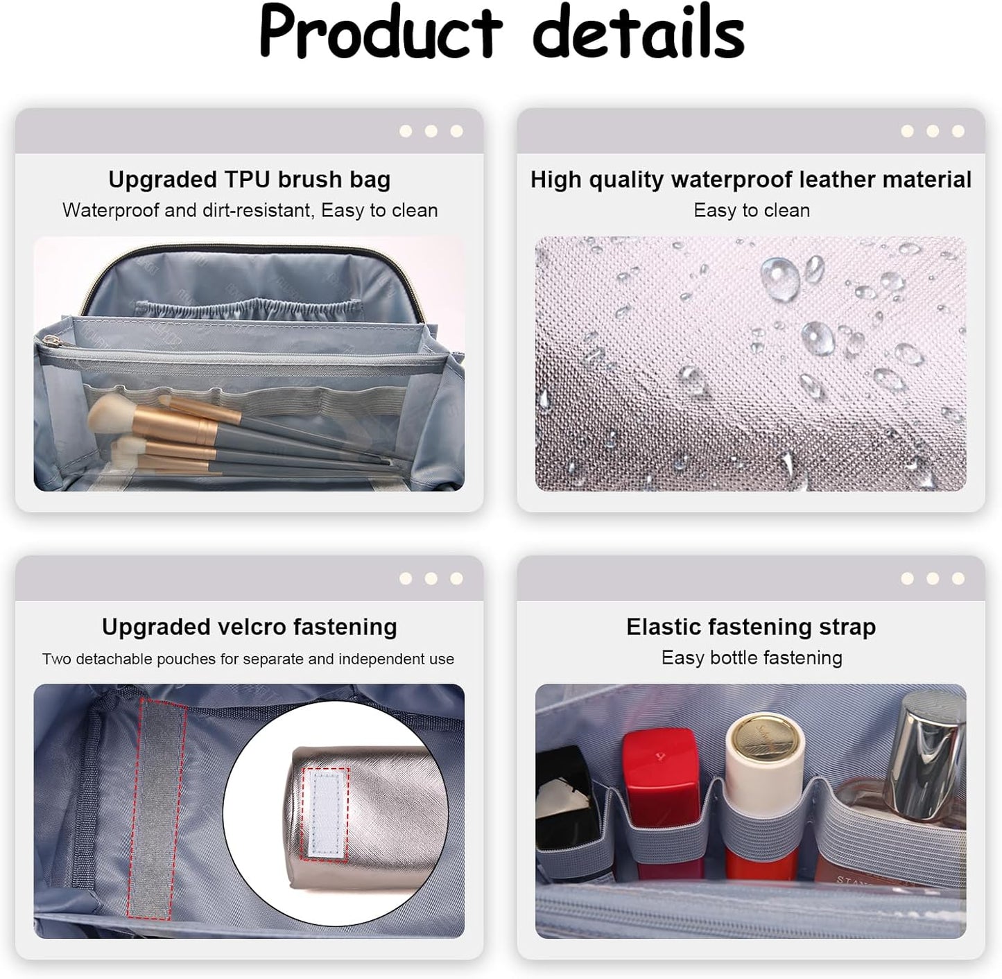 BOYATU Travel Makeup Bags for Women: Vegan Leather Cosmetic Bag Set of 3 - Large Capacity Make up Bag with Divider - Wide Open Waterproof Toiletry Organizer Bag with Handle (05-Gray)