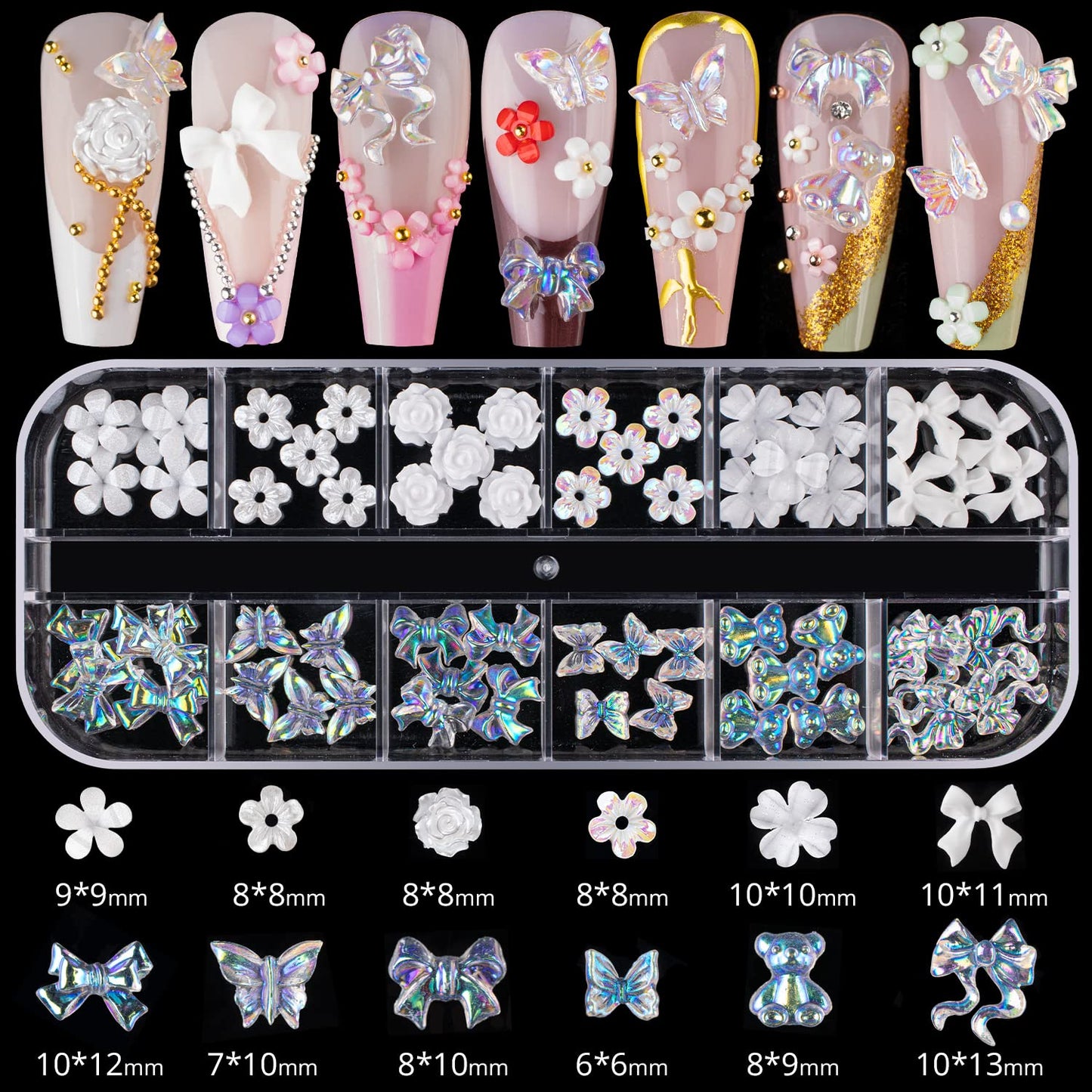 Mixed 3D Nail Art Gem Decoration Accessories Kit #7, Aurora Bear Bow Butterfly Starry AB Rhinestone Charm Jewelry for Deco, Pearl Flower Caviar Bead Stone Crystal with Pickup Pencil and Tweezer