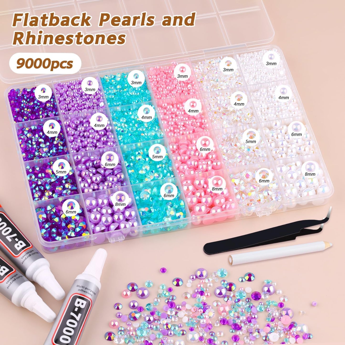 9000PCS Flatback Pearls and Rhinestones for Crafting, Pink Purple 3-10mm Resin Rhinestones and Half Pearls for Bedazzling, Nail Art and Dec with 3pcs B7000 Jewelry Glue, Tweezer and Pickup Pencil