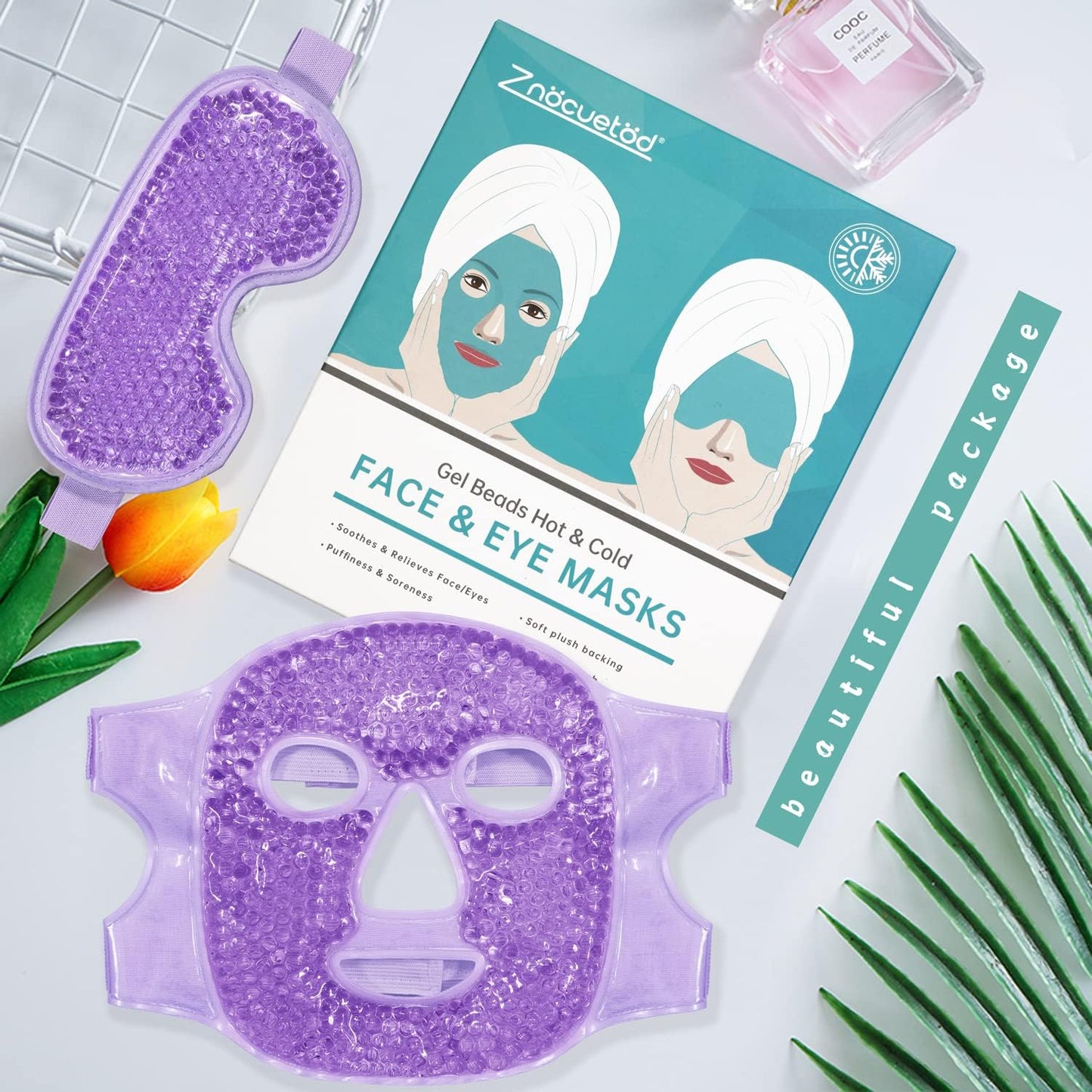 Cooling Ice Face Eye Mask for Reducing Puffiness, Bags Under Eyes,Sinus,Redness,Pain Relief,Dark Circles, Migraine,Hot/Cold Pack with Soft Plush Backing (Purple(1* Eye Mask+1*Face Mask))