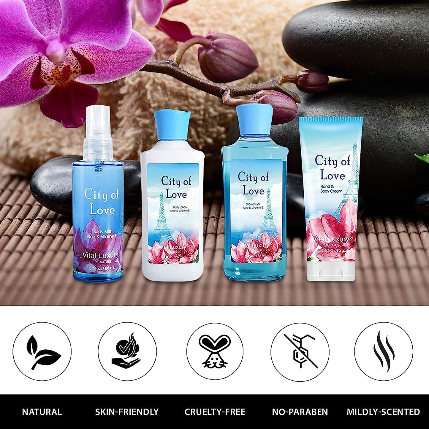 Bath & Body Kit - Body Lotion, Shower Gel, Body Cream, and Fragrance Mist, 3 Fl Oz each, in City of Love, Ideal Skincare Gift Home Spa Set for luxurious indulgence