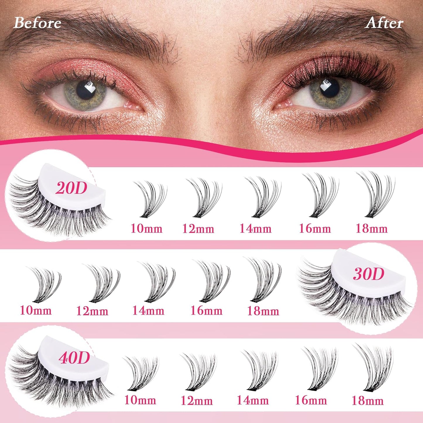 Lash Clusters 600PCS - Eyelash Clusters 20D+30D+40D+50D+60D+80D Wispy Individual Lashes D Curl Lash Extension 10-18MM Natural Lash Clusters DIY Cluster Eyelash Extensions for Beginners