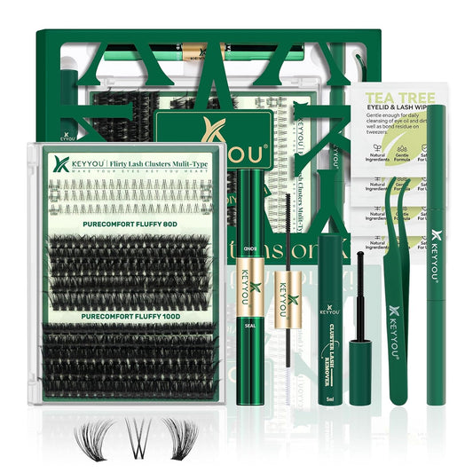 KEYYOU Lash Extension Kit with Bottom Lashes Mixed 5-18mm 80D 100D Eyelash Extension Kit Multi-Type Lash Clusters with Bond and Seal Applicator Remover DIY at Home