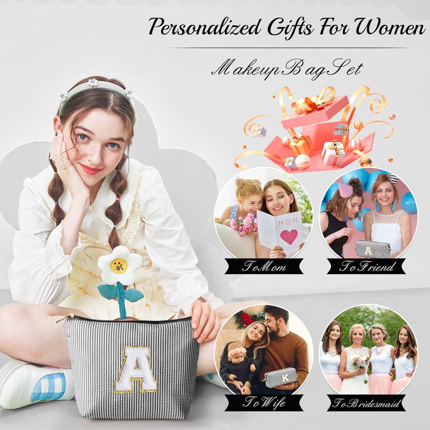 YOOLIFE Gifts for Women Her, Makeup Bag Make Up Bag Pouch Cosmetics Organizer Bag Cute Makeup Bag Skincare Bag Personalized Best Friend Wife Birthday Gift Graduate Gifts for Her Black W