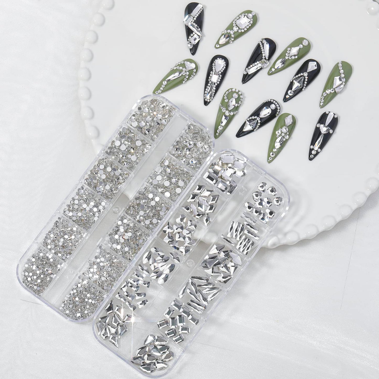 HNUIX Nail Rhinestones - 3D Multi Shape Size, Crystal Clear Nail Gems, Flat Back, with Kit, for Nail Art, DIY Decorations