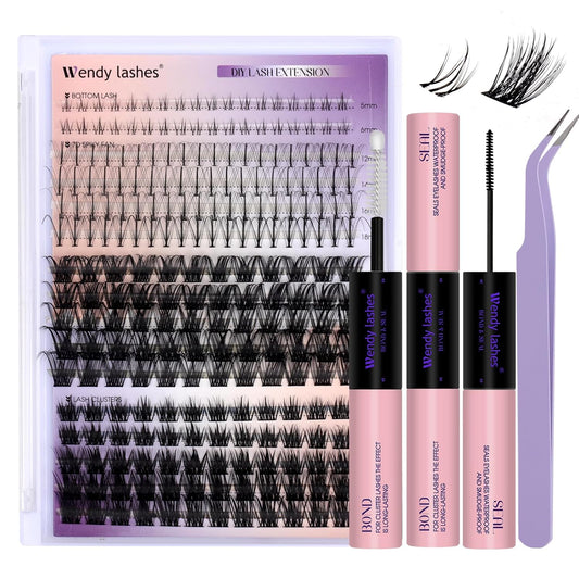 DIY Lash Extension Kit Lash Clusters With Bottom Lashes Volume/Wispy Clusters12-18mm Multi-types Individual Lashes Bond and Seal, Spike, Volume Kit Lash Applicator(Wispy Kit)
