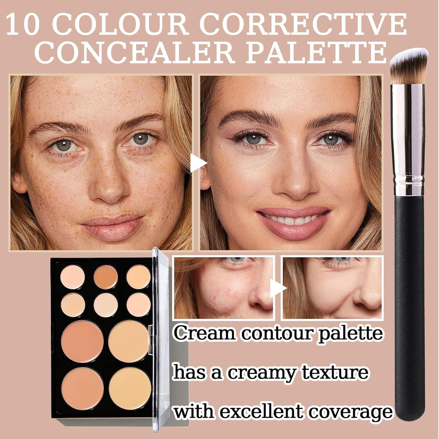 10 Colors Correcting Concealer Palette,Colors Corrector Palette,Moisturizing Full Coverage Liquid Foundation Cream Contour Makeup Palette with Brush