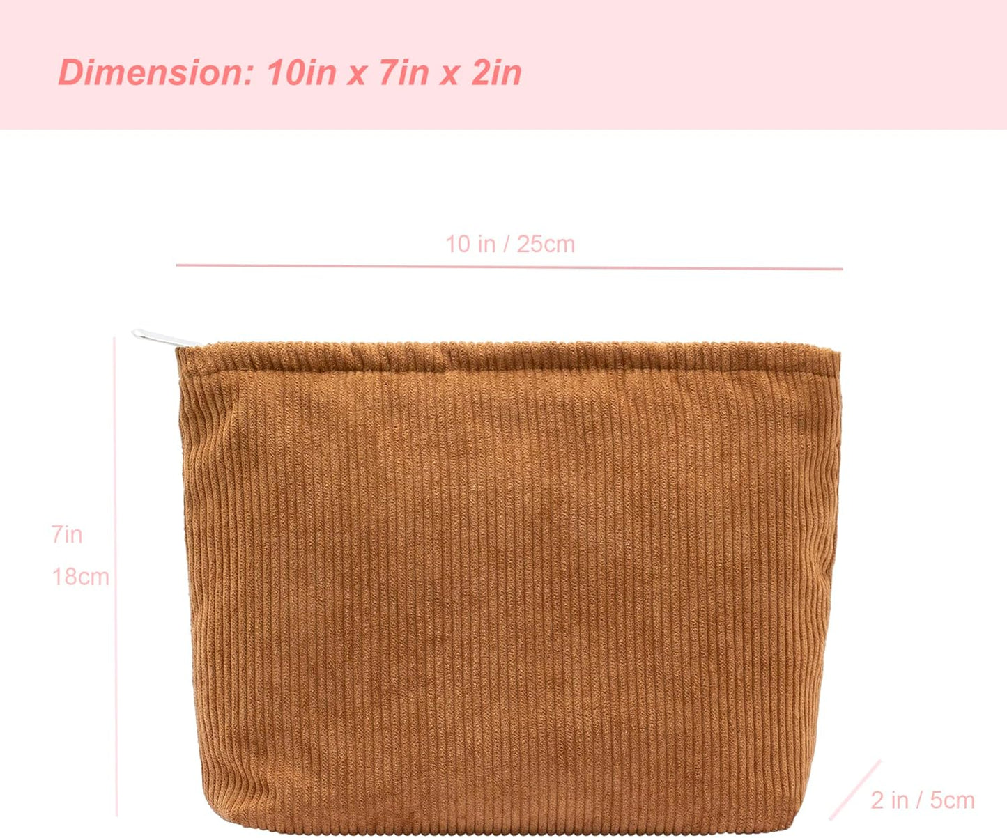 PAZIMIIK Makeup Bag Large Zipper Corduroy Make Up Pouch for Purse Travel Canvas Cosmetic Organizer for Women Brush Storage,Brown
