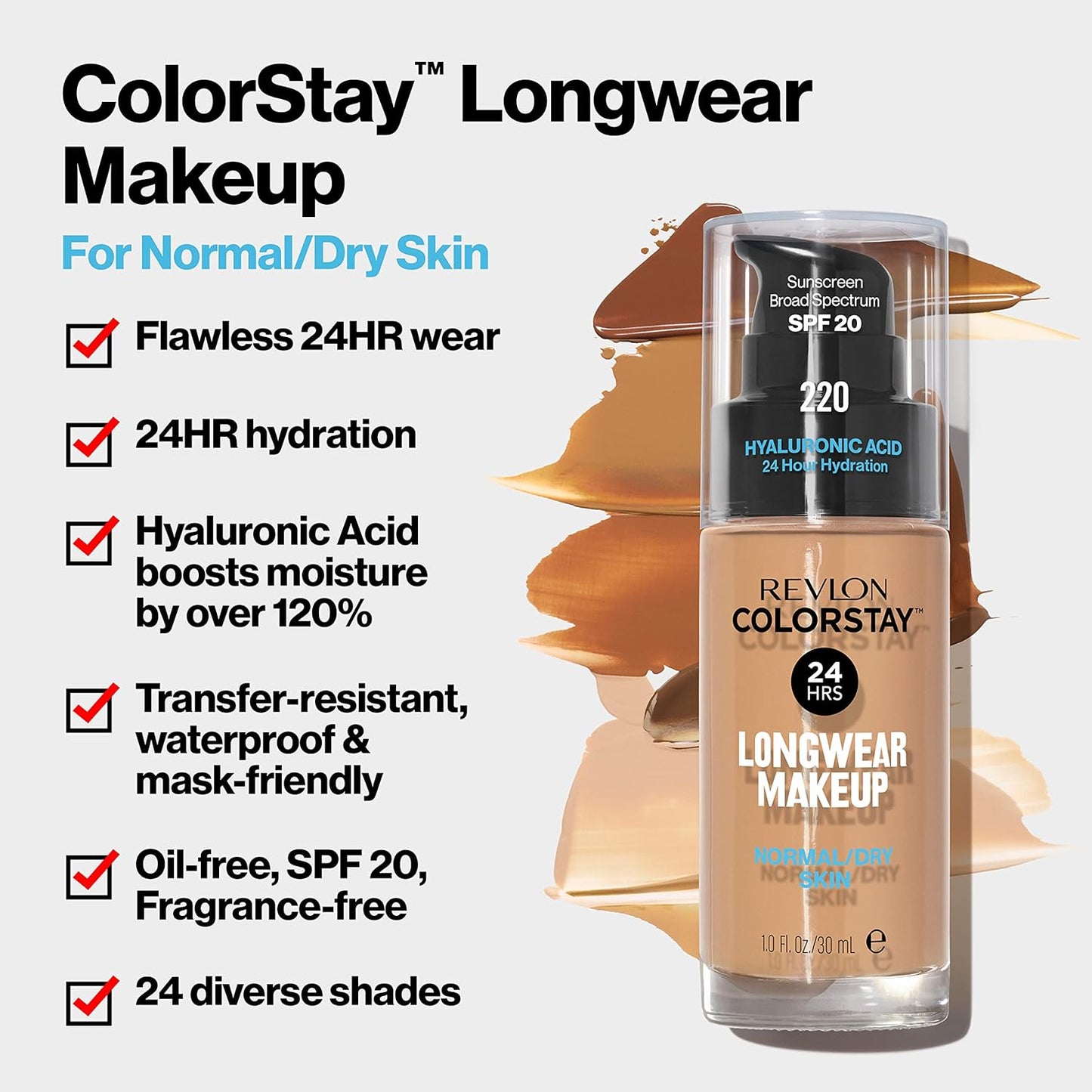 Revlon Liquid Foundation, ColorStay Face Makeup for Normal & Dry Skin, SPF 20, Longwear Medium-Full Coverage with Natural Finish, Oil Free, 455 Honey Beige, 1 Fl Oz