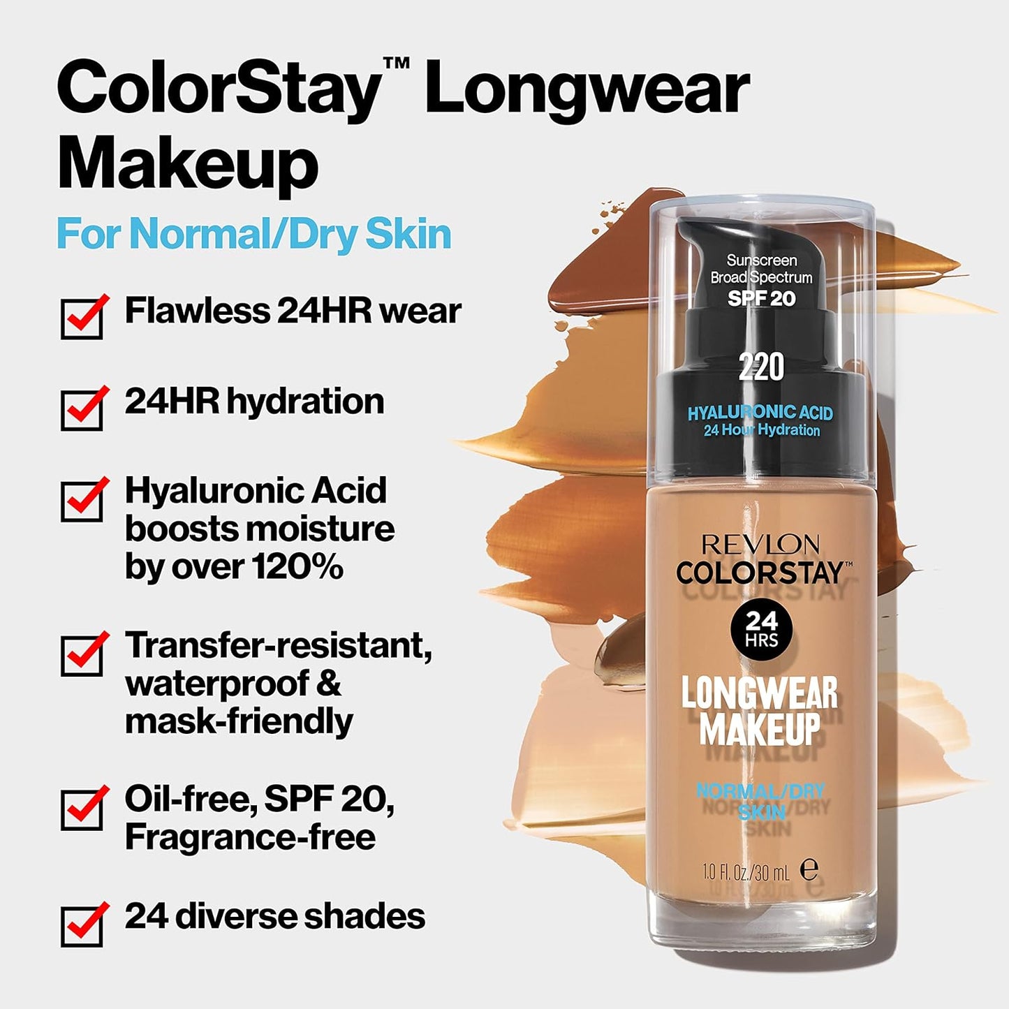 Revlon Liquid Foundation, ColorStay Face Makeup for Normal & Dry Skin, SPF 20, Longwear Medium-Full Coverage with Natural Finish, Oil Free, 250 Fresh Beige, 1 Fl Oz