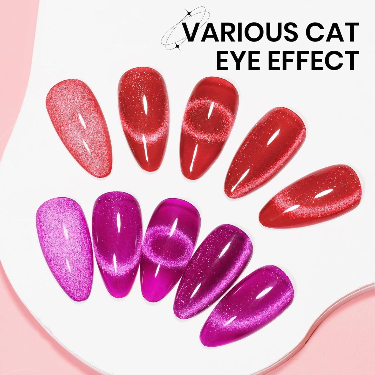 2PCS 15ML Cat Magnetic Eye Gel Nail Polish, Red Hot Pink Cateye Gel Nail Polish Holographic Glitter Shimmer Effect with Magnetic Stick Soak Off Salon DIY at Home