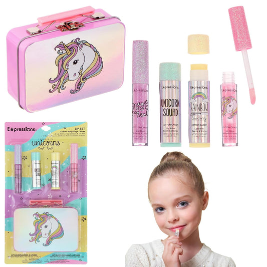 Expressions - 5pc Cosmetics Lip Kit For Kids w/Lip Glosses, Lip Balms & Tin Box Storage Case,I Believe in Unicorns Hologrpahic,Washable + Non Toxic