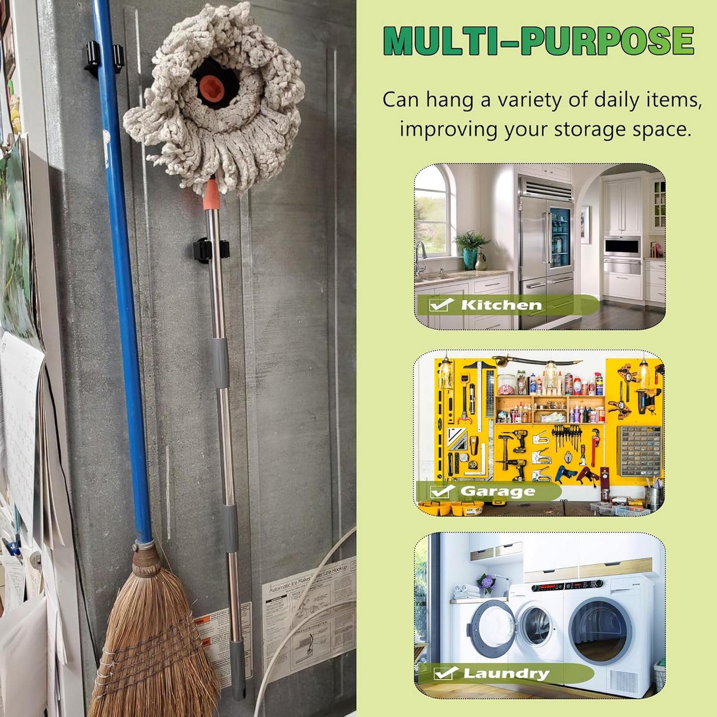 ULIBERMAGNET Magnetic Mop Broom Holder,Heavy Duty Movable Magnetic Broom Holder Rack,Anti-slip Wall Mounted Utility Storage Mop Shovel Hanger for Garage, Kitchen, Laundry, Garden(2 Pack/Black)