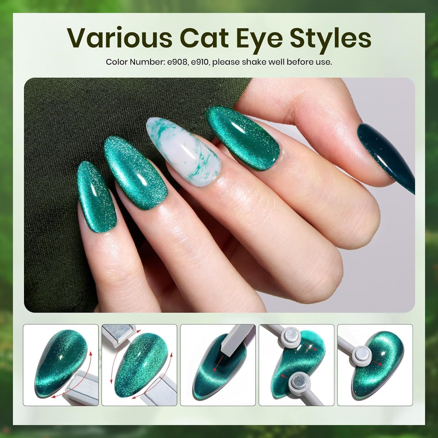 beetles Gel Polish Christmas Green Gel Nail Polish Set Cat Eye Jelly with Color Swatch Dots Magnet 6 Color Glitter Enchanted Forest Theme for Salon Manicure Nail Art DIY at Home Gift for Women Girls