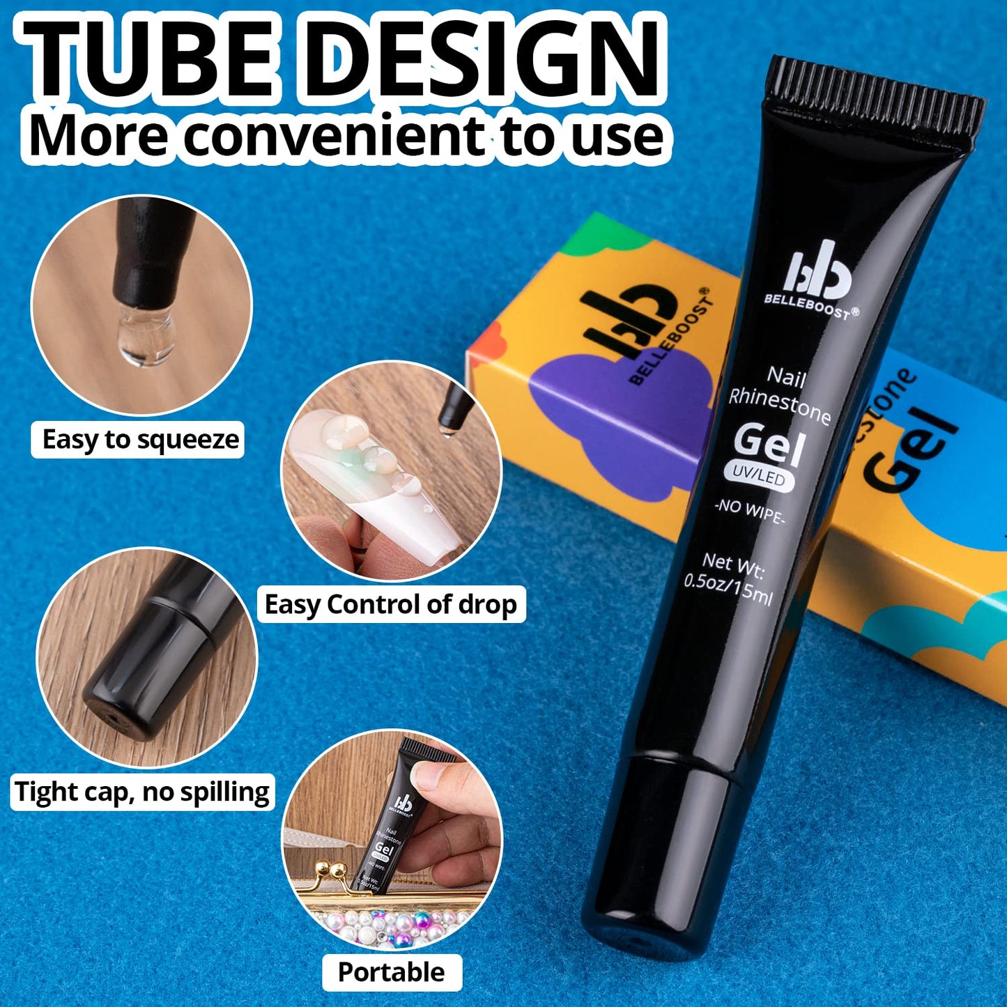 Nail Art Rhinestone Glue Gel&2 Boxes Flatback Gems Kit, 1 Tube of 15ml Rhinestone Gel Glue(UV/LED Needed)+Crystal AB Gems with Pickup Tools