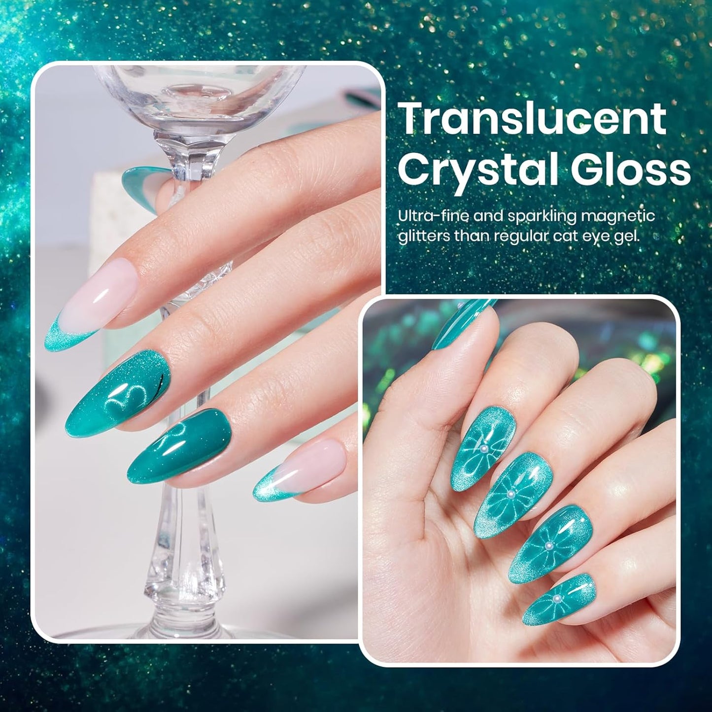 Beetles Green Cat Eye Gel Nail Polish - 15M Green Glass Cat Eye Gel Polish with Magnet Shimmer Translucent Sheer Color Soak Off UV Teal Radiance Series French Nail Art Gift for Women