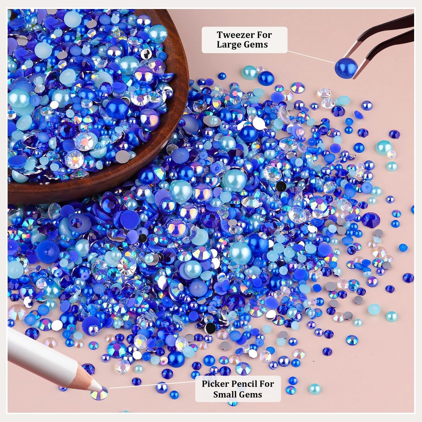 9000PCS Flatback Pearls and Rhinestones for Crafting, Dark Blue Mixed Size 3-10mm Resin Rhinestones and Half Pearls for Bedazzling, Nail Art and Decoration with Tweezer and Pickup Pencil