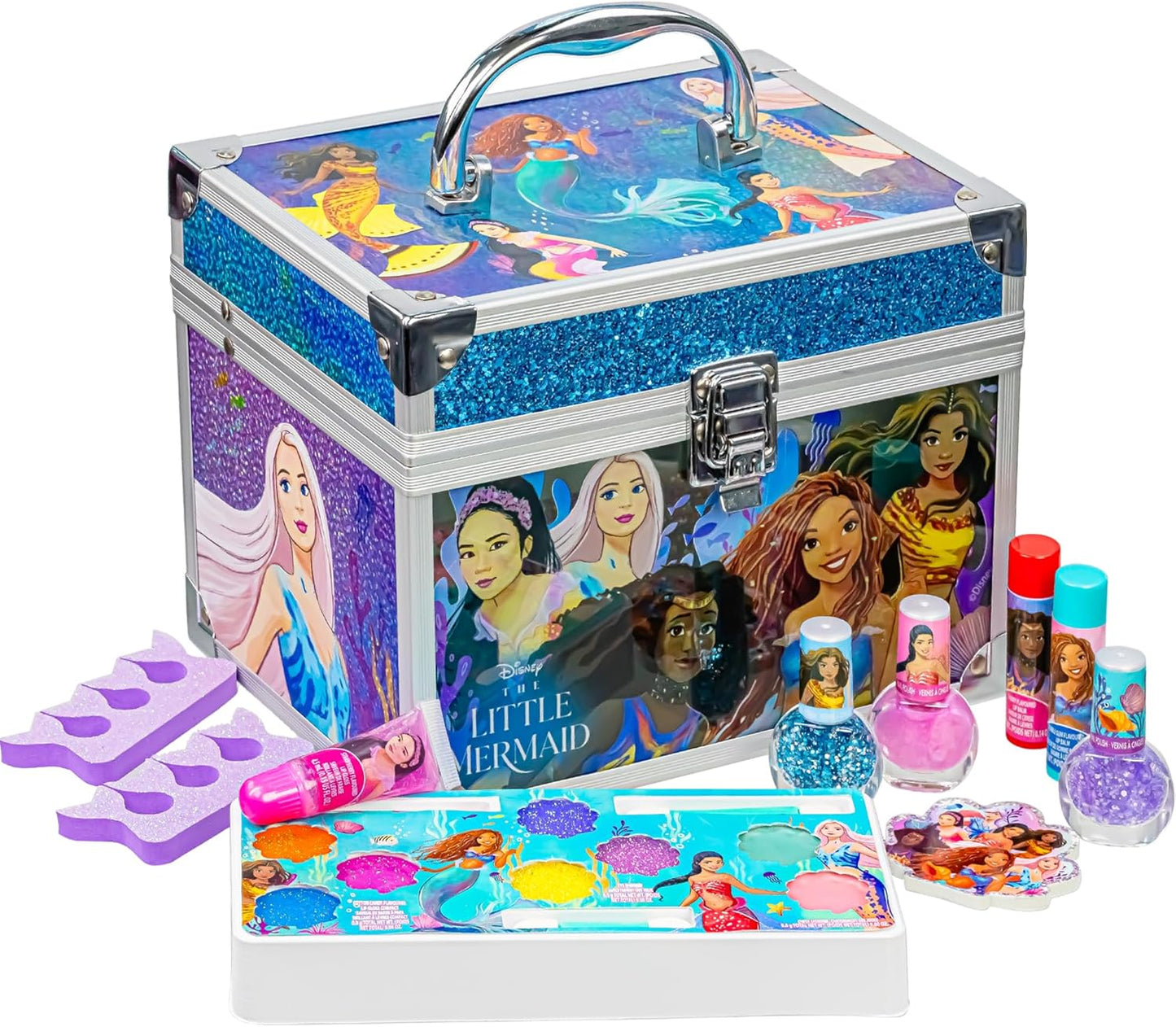 Little Mermaid Train Case Beauty Set, Kids Makeup Kit for Girls, Real Washable Toy Makeup Set, Play Makeup, Pretend Play, Party Favor, Birthday, Toys Ages 3 4 5 6 7 8 9 10 11 12