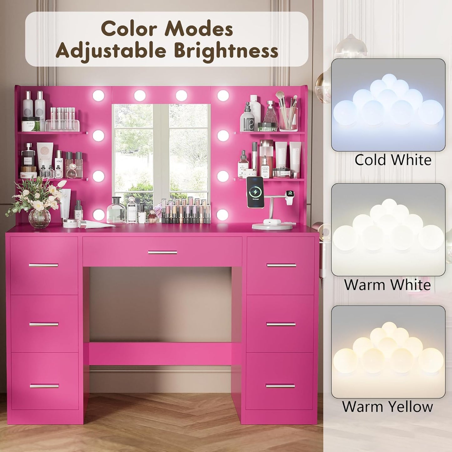 YESHOMY Vanity Desk with Mirror, Power Outlet and 10 Lights, Makeup Table with 7 Drawers, 3 Color Modes Available for Bedroom, Rose Red