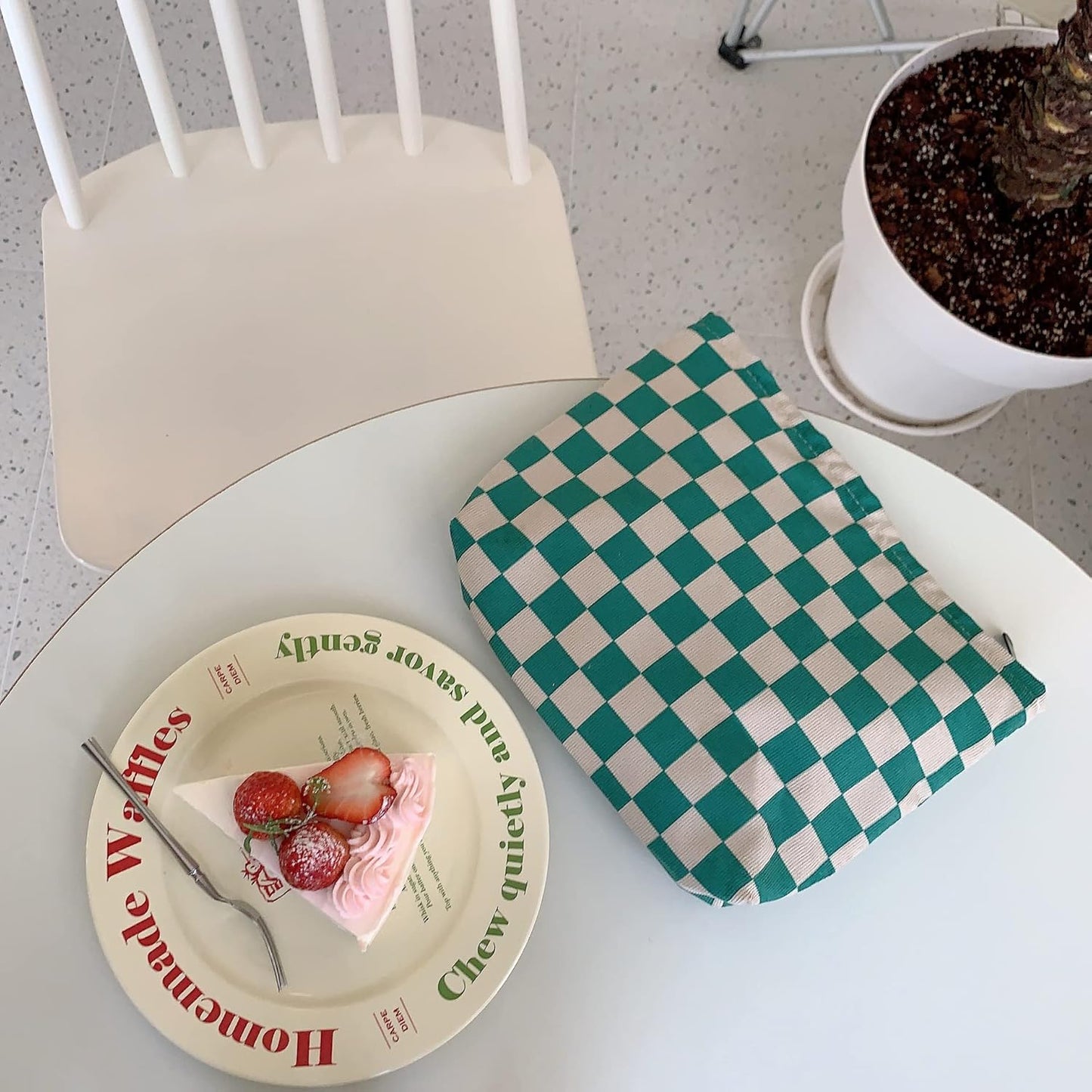 PAZIMIIK Makeup Bag Large Zipper Corduroy Make Up Pouch for Purse Travel Canvas Cosmetic Organizer for Women Brush Storage,Checkered Green