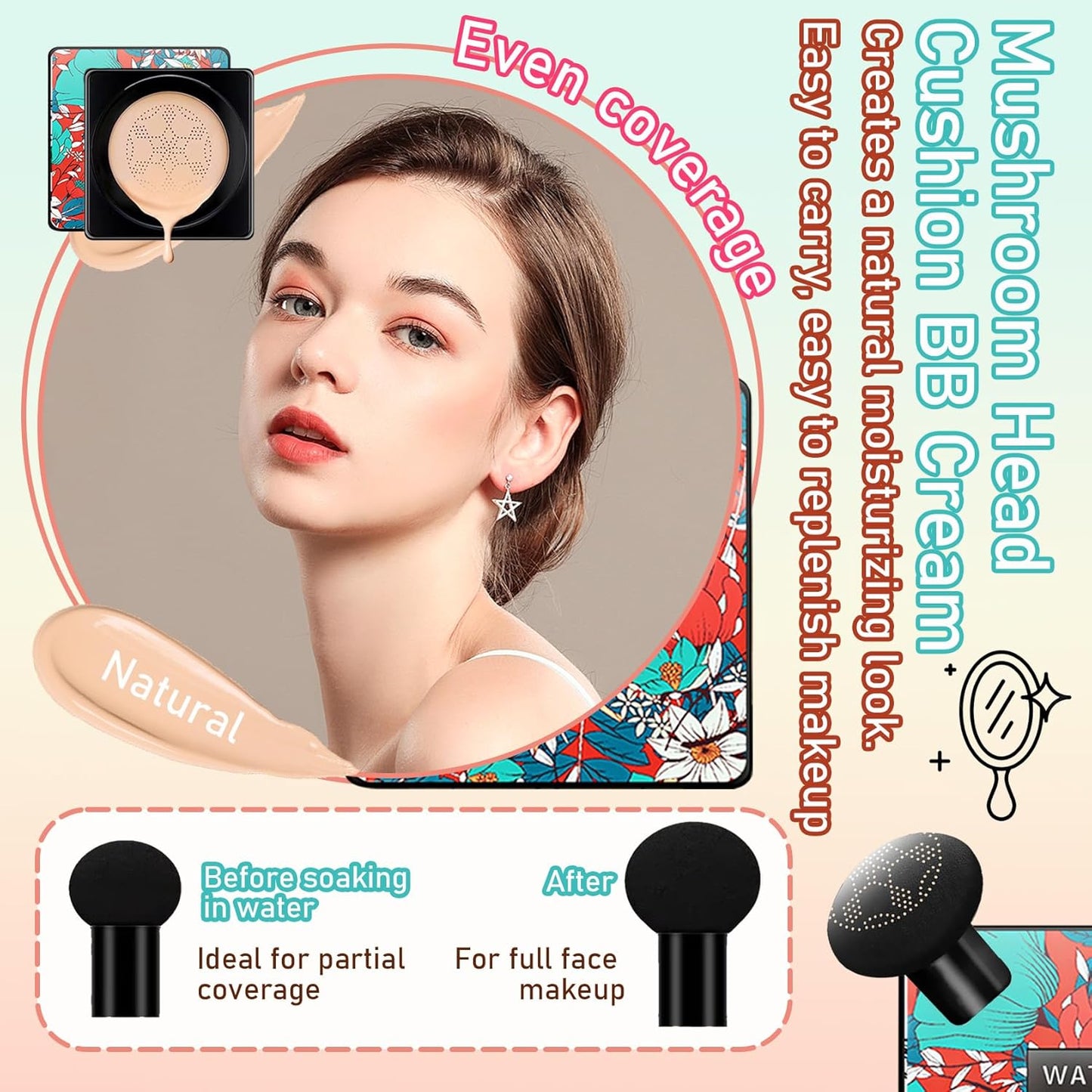 Mushroom Head Air Cushion CC Cream Foundation Set,Includes Full Coverage Foundation,Moisturizing BB Cream,Waterproof Loose Setting Powder,Black Petal Brush and Pink Makeup Sponge