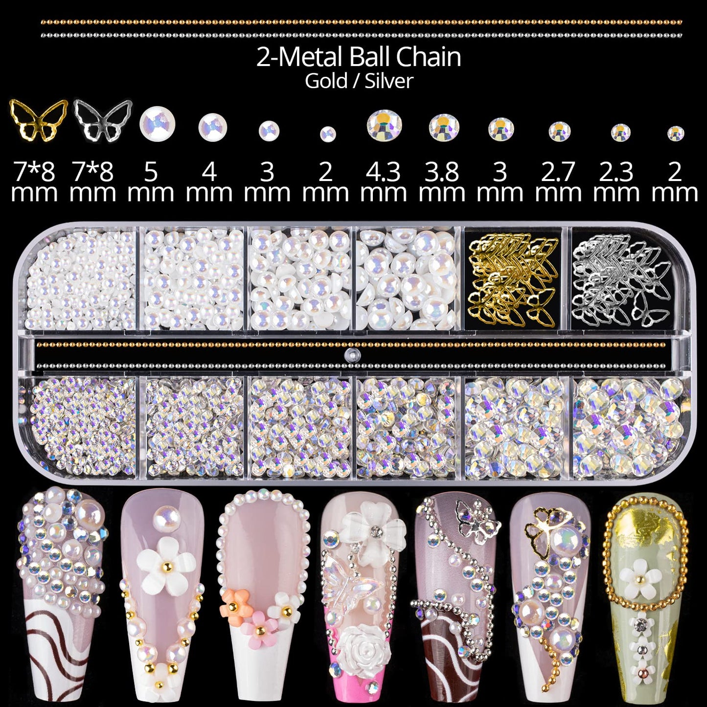 Mixed 3D Nail Art Gem Decoration Accessories Kit #9, Butterfly Starry AB Rhinestone Charm Jewelry for Deco, Pearl Flower Caviar Bead Stone Crystal with Pickup Pencil and Tweezer