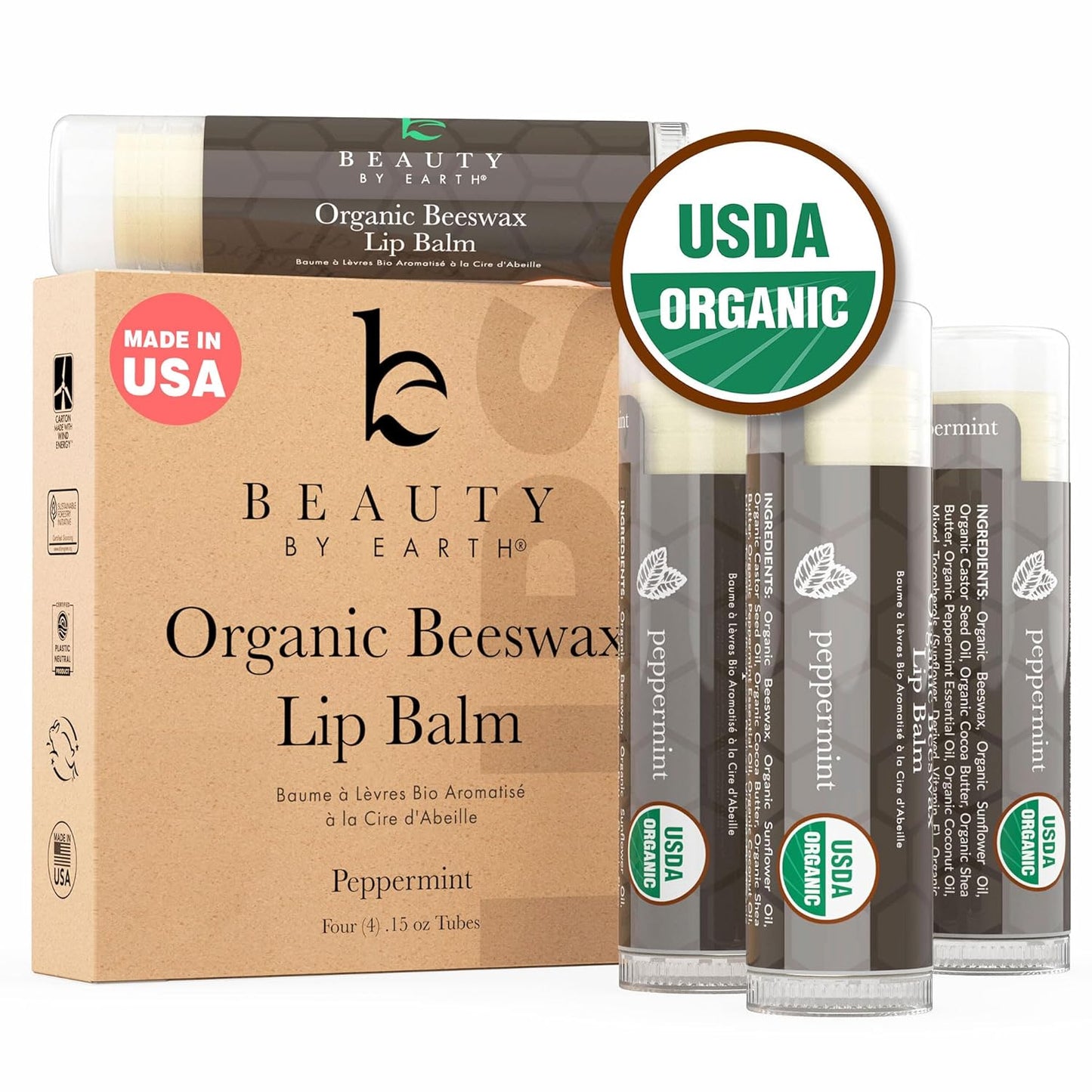 Organic Lip Balm Peppermint - 4 Pack Organic Gifts for Women, All Natural Lip Balm Birthday Gifts for Her & Him, Lip Balm Hydrating Beauty Gifts for Adults, Women, Men, Teens & Kids, Lip Moisturizer