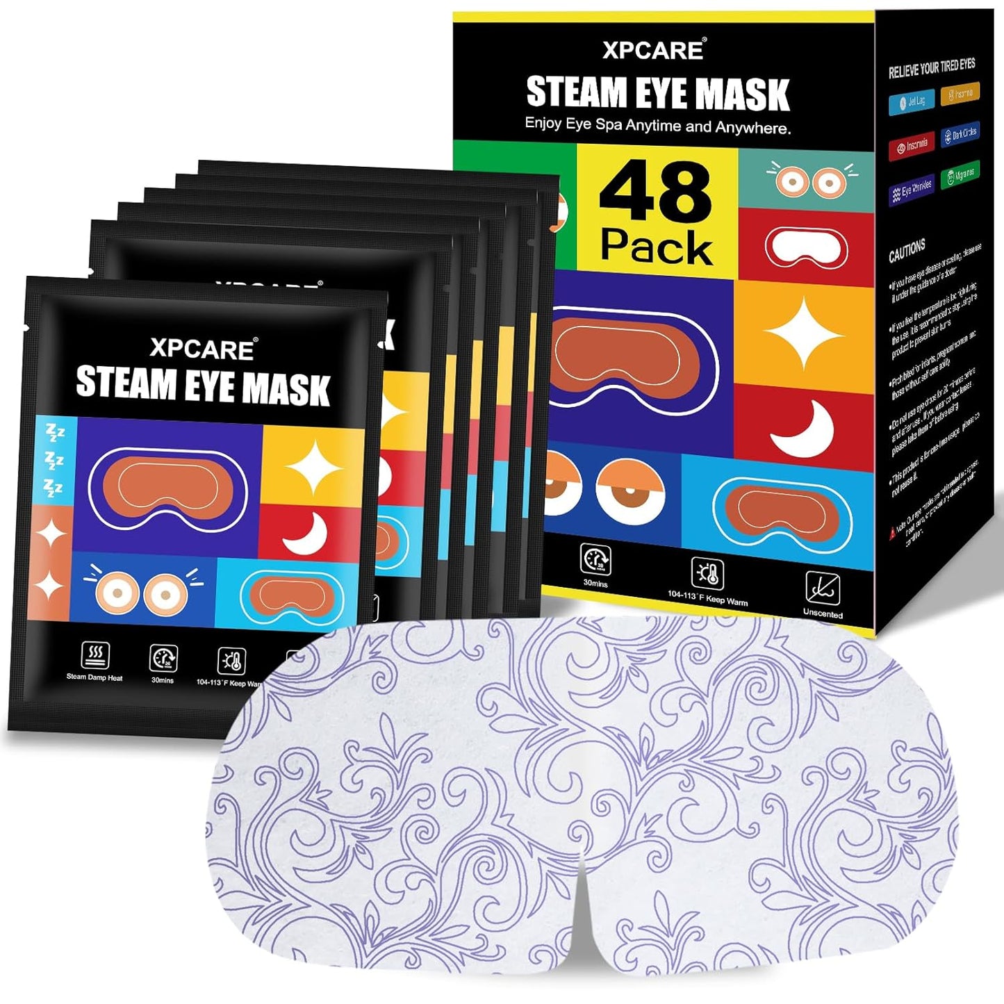 XPCARE 48 Pack Steam Eye Masks for Dry Eyes, Self Heated Steam Warm Eye Mask, Disposable Heated Eye Mask for Dark Circles, Puffy Eyes, Relief Stress Eye Fatigue (Unscented)