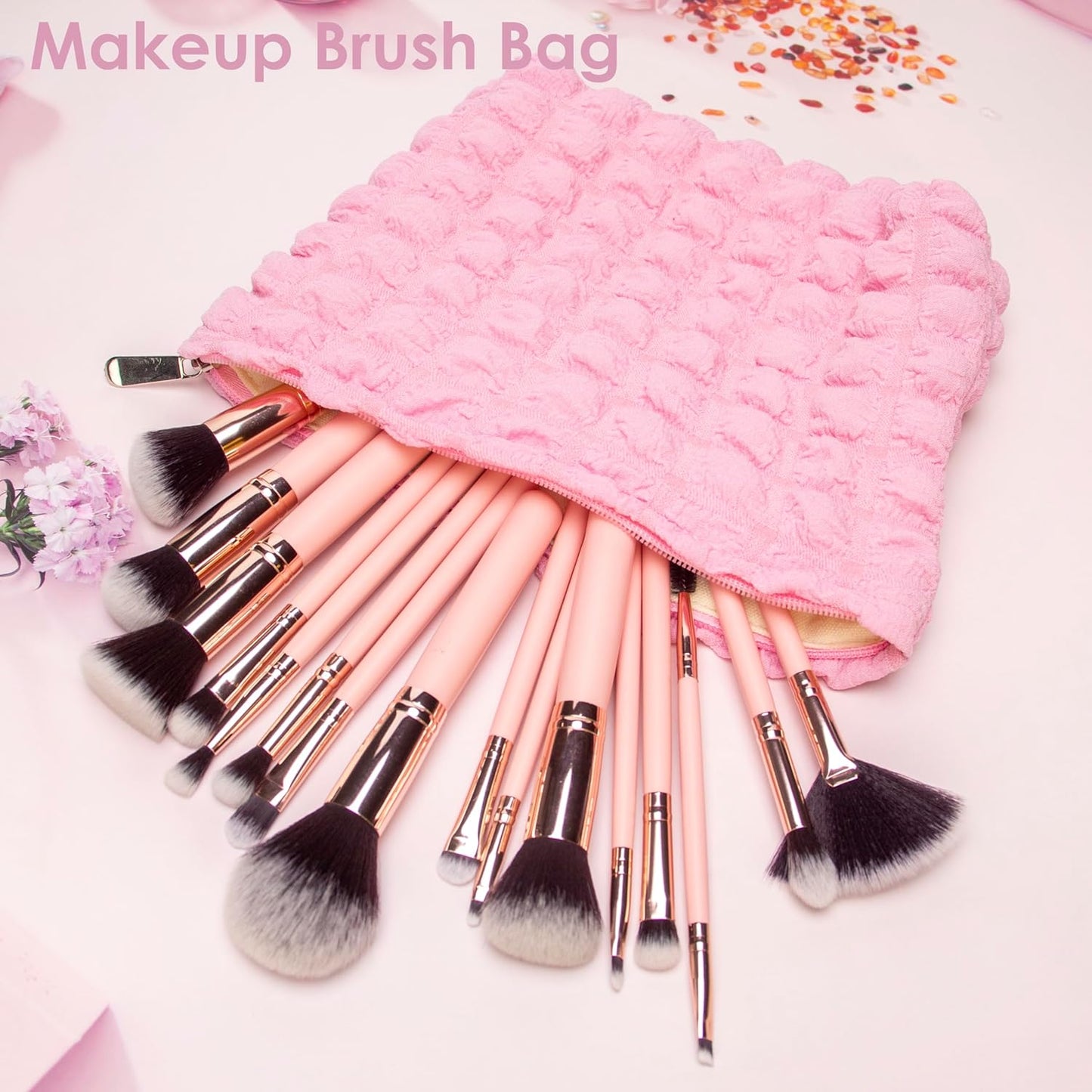 Floral Makeup Bag Large Cotton Zipper Pouch for Purse Travel Canvas Make Up Organizer for Women Cosmetic,Bubble Watermelon Pink