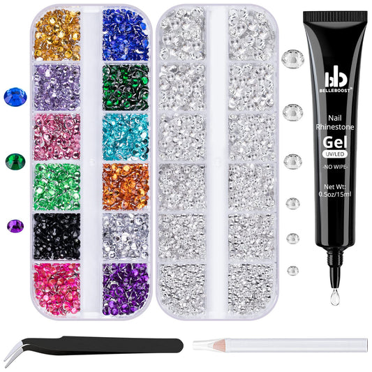 Nail Art Rhinestone Glue Gel&2 Boxes Flatback Gems Kit, 1 Tube of 15ml Rhinestone Gel Glue(UV/LED Needed)+Colorful Gems+Flat-Back Round Glass Crystal Clear Gemstones with Pickup Tools