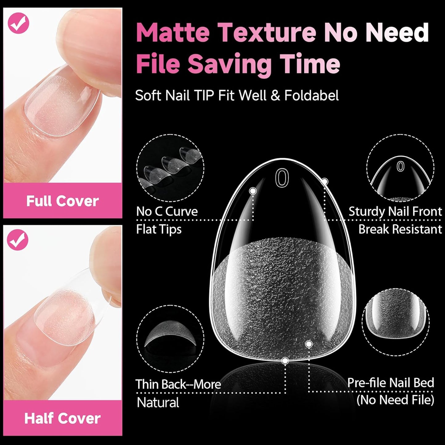 UNA GELLA Extra Short Almond Nail Tips, 312pcs XS Gel Nail Tips Almond Pre-Shaped Half Matte Full Cover No Need File Clear Fake Nails for Nails Extension Home DIY Salon 12 Sizes